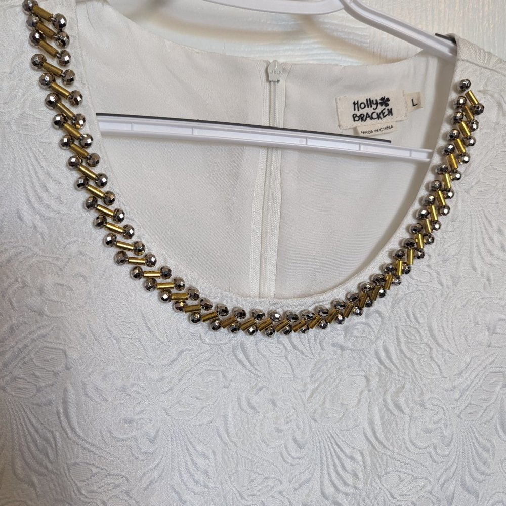 GROOVY 60s MOD! Sleeveless Beaded Brocade MINI Dress! | 10 | White - Picture 3 of 12